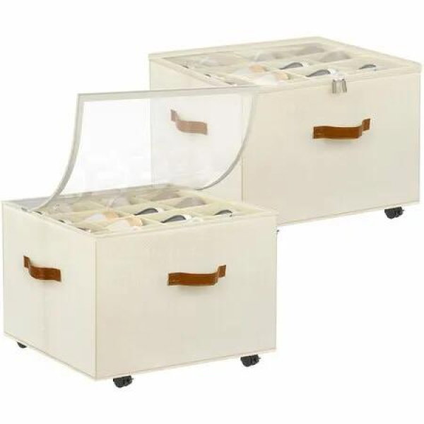 1 Pack Foldable Shoe Organizer with Wheels,Stackable Clear Shoe Storage Box with Adjustable Dividers, Space Saving Foldable Shoe Container for Closet