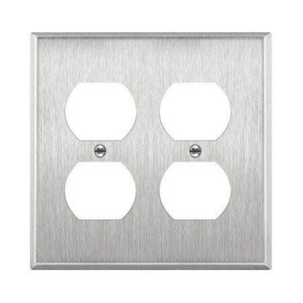 (1 Pack)Double Duplex Receptacle Metal Wall Plate, Stainless Steel Socket Outlet Switch Cover, Corrosive Resistant, Standard Size, Silver