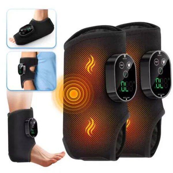 1 Pair Cordless Heating Vibration Foot Ankle Massager Rechargeable Dual Motor Hot Compress Ankle Calf Arm Wrap Massage Belt(Black)