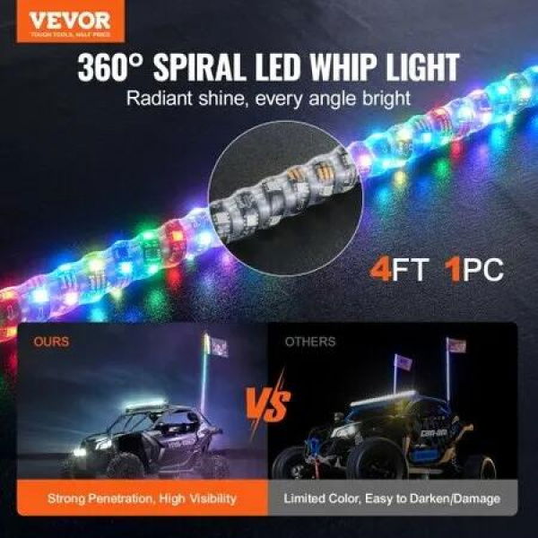 1 PC 4 FT Whip Light, APP & RF Remote Control Led Whip Light, Waterproof 360Â°Spiral RGB Chasing Lighted Whips with 2 Flags, for UTVs, ATVs, Motorcycles, RZR, Can-am, Trucks, Off-road, Go-karts