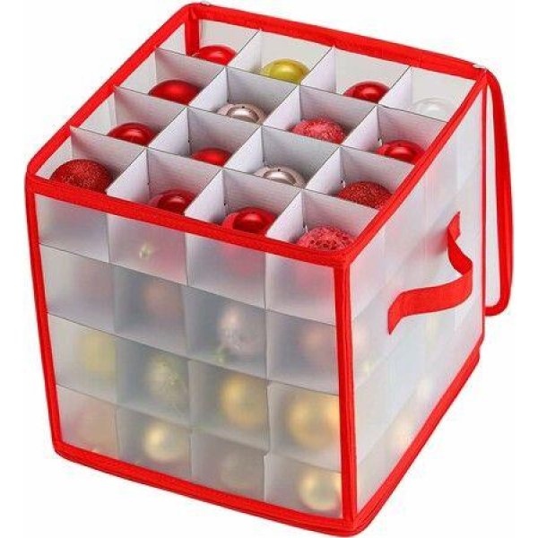 1-Red Plastic Christmas Ornament Storage Box with Zippered Closure, Hold 64 Christmas Balls Holiday Ornaments Storage Cube Organizer Dividers