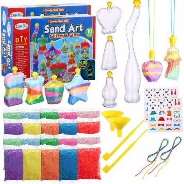 10 Bottles Sand Art Kits for Kids, Sand Art Activity Kit Colored Pendent Bottles Funnels Stick Glow in The Dark Sand Art Glitter Packets Stickers for DIY
