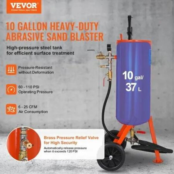 10 Gallon Heavy-Duty Sand Blaster 60-110 PSI with 2 Nozzles & 7.5ft Hose