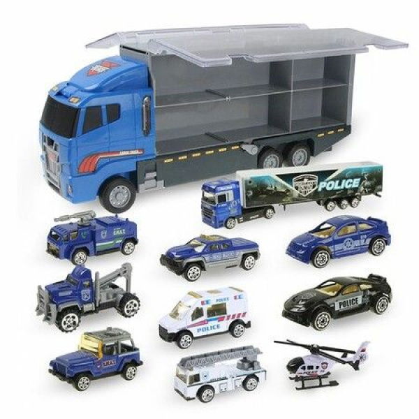 10 In 1 Police Transport Truck Mini Die-Cast Plastic Play Vehicle In Carrier Car Toy Set