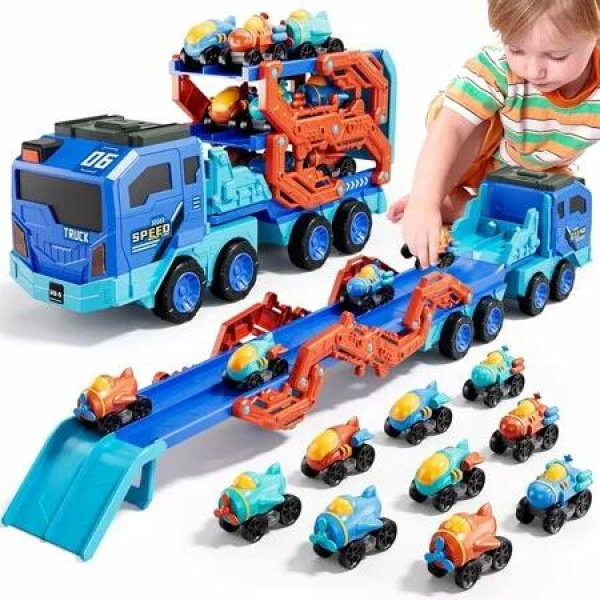 10 in 1 Toddler Foldable Carrier Space Truck Toys for Kids Boys Ages 3 to 8, Long Race Track Ejection Truck with Lights and Sounds and 9 Race Cars