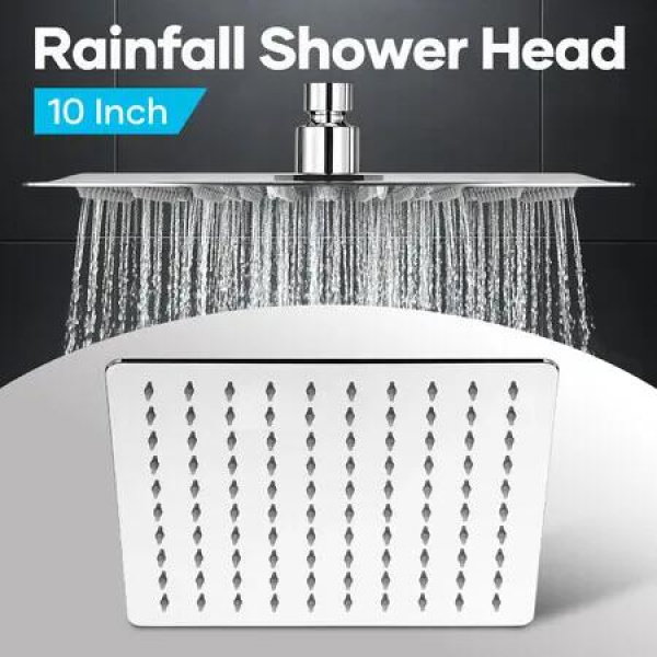 10 Inch Square Rainfall Shower Head 250mm High Pressure Overhead Showerhead Stainless Steel Chrome Fixed Rain Spray WELS 9LPM Water Saving Replacement