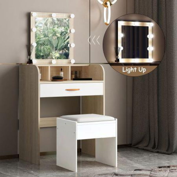 10 LED Dressing Table Dresser Makeup Vanity Table Stool Set With Drawers & Mirror.