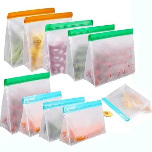 10 Pack EVA Food Storage Bags Stand Up Large Medium Small Waterproof Airtight Reusable Plastic Snack Bags Lunch Sandwich Bags for Home & Travel