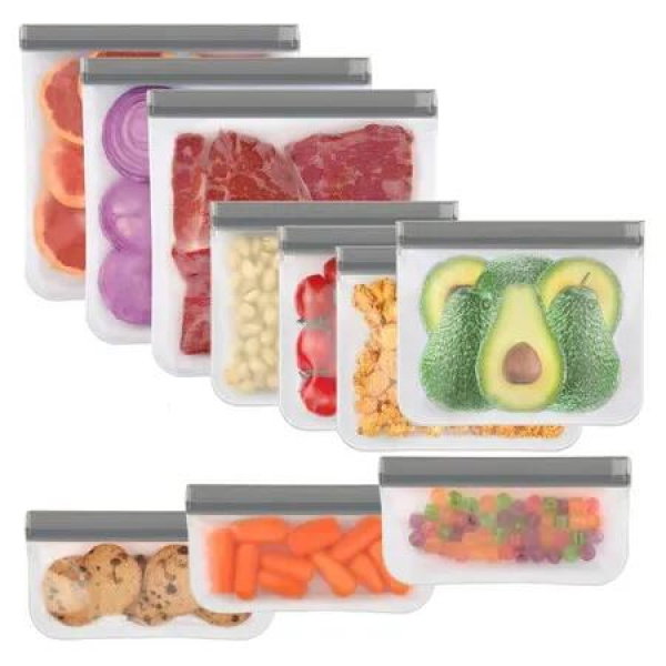 10 Pack Reusable Bags Silicone,Leakproof Freezer Bags Food Storage Bags for Lunch Marinate Food Travel(Grey)