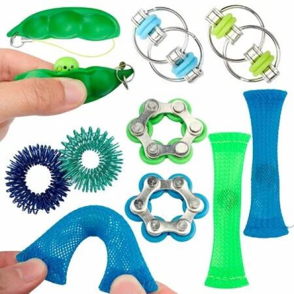 10 Pack Sensory Fidget Set Roller Chain Spinner Marble Mesh Tubes, Pea Pod Spiky Rings, Stress Hand Toys School Office All Ages