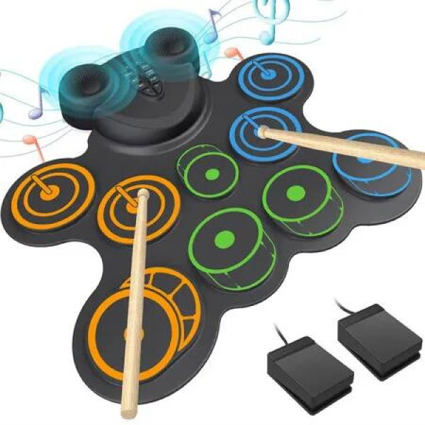 10 Pads Electronic Drum Sets, Drum Practice Pad with Headphone Jack, Built-in 2 Speaker Foot Pedals and Drumsticks, Kids Drum Set Compatible with MIDI Output