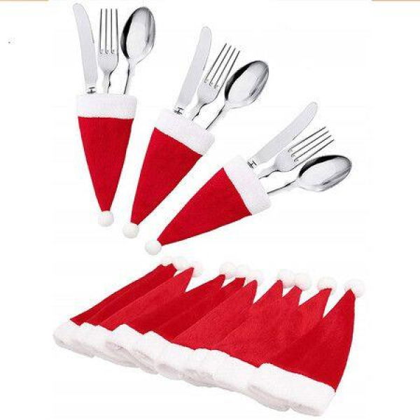 10 Pcs Christmas Silverware Holders Pockets Santa Hat Cutlery Pouch Bag Utensil Holders for Xmas Holiday Table Decoration