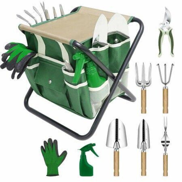 10 PCS Garden Tool Kit with Folding Stool & Detachable Storage Tote Bag, Stainless Steel Gardening Tools, Gifts for Men Women