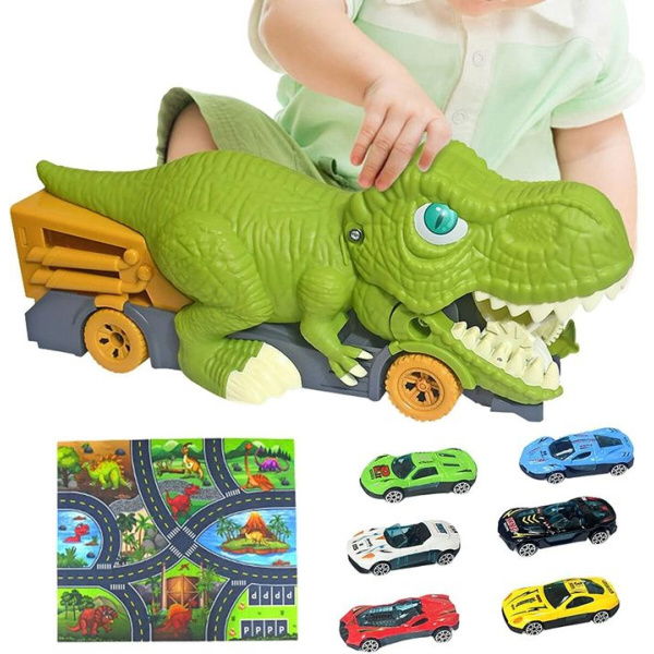 10 Pcs Kids Dino TruckDinosaur Excavator Engineering Vehicle Model Toy 1 Dinosaur Truck And 6 Alloy Car