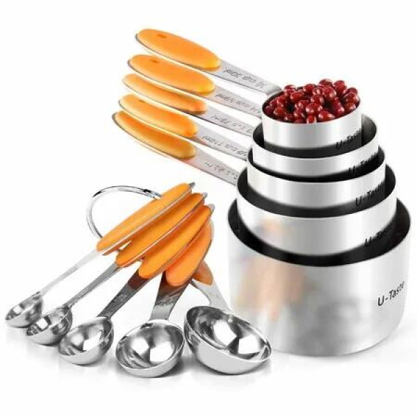 10 Piece 430 Stainless Steel Measuring Cups and Spoons Set Multicolour Thick Handles Reinforced Welded Joints Nested Stackable for Baking and Cooking
