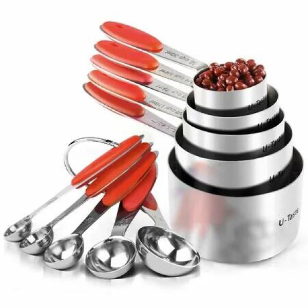 10 Piece 430 Stainless Steel Measuring Cups and Spoons Set Multicolour Thick Handles Reinforced Welded Joints Nested Stackable for Baking and Cooking