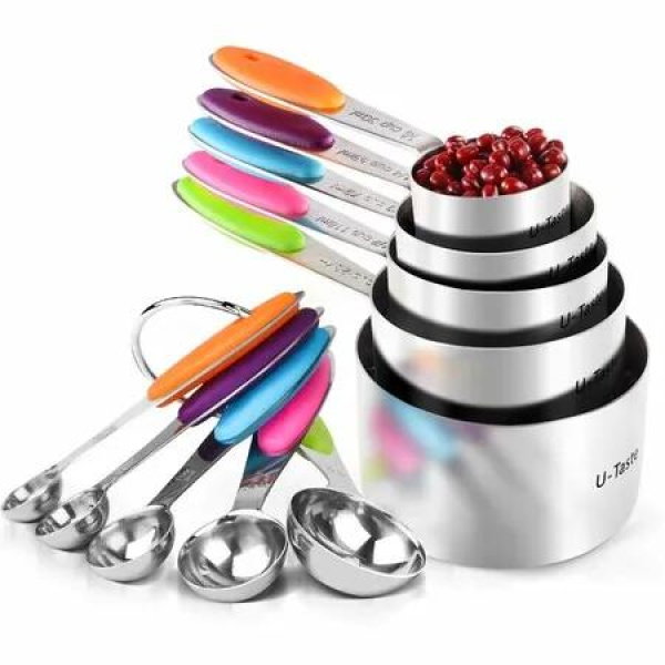10 Piece 430 Stainless Steel Measuring Cups and Spoons Set Multicolour Thick Handles Reinforced Welded Joints Nested Stackable for Baking and Cooking