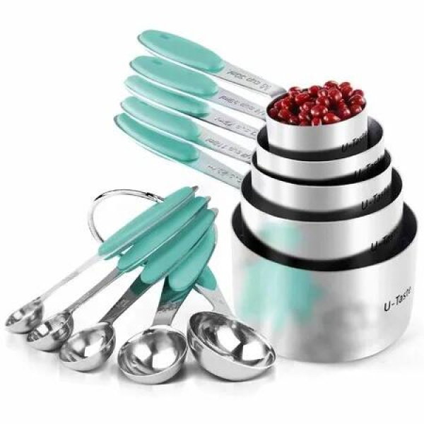 10 Piece 430 Stainless Steel Measuring Cups and Spoons Set Multicolour Thick Handles Reinforced Welded Joints Nested Stackable for Baking and Cooking