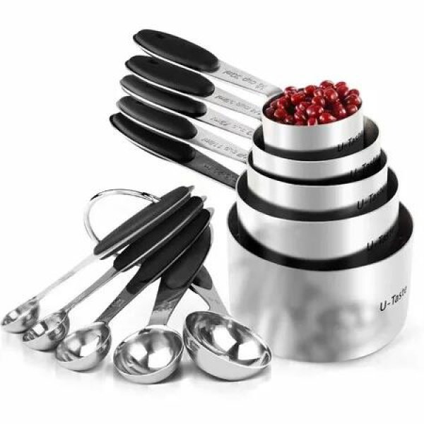 10 Piece 430 Stainless Steel Measuring Cups and Spoons Set Multicolour Thick Handles Reinforced Welded Joints Nested Stackable for Baking and Cooking