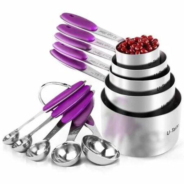 10 Piece 430 Stainless Steel Measuring Cups and Spoons Set Multicolour Thick Handles Reinforced Welded Joints Nested Stackable for Baking and Cooking