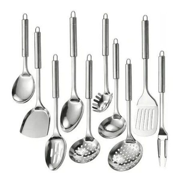 10 Piece Cooking Utensils 304 Stainless Steel Kitchen Utensils Set Metal Kitchen Accessories Soup Ladle Slotted Skimmer Spoon Spaghetti Spoon Spatula