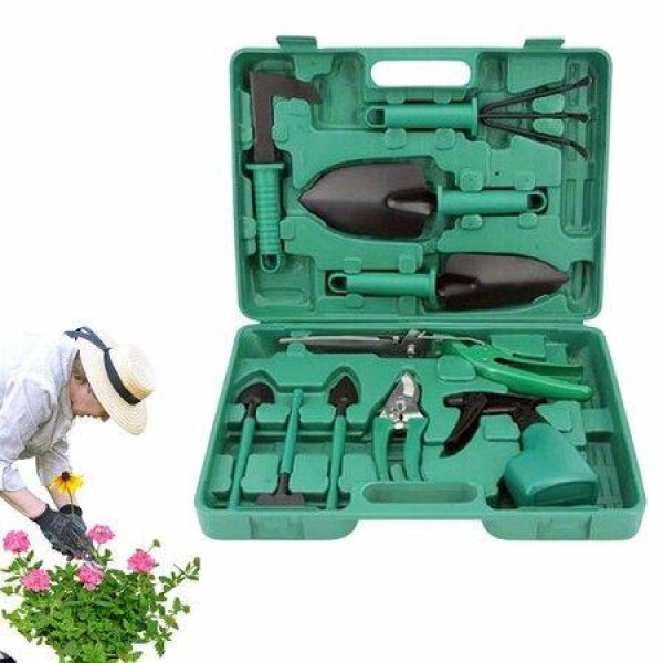 10 Piece Garden Tools Set With Trowel Fork Secateurs Rake Spray Bottle Storage Case Gift For Gardener Plant Care Rust Resistant Color Green