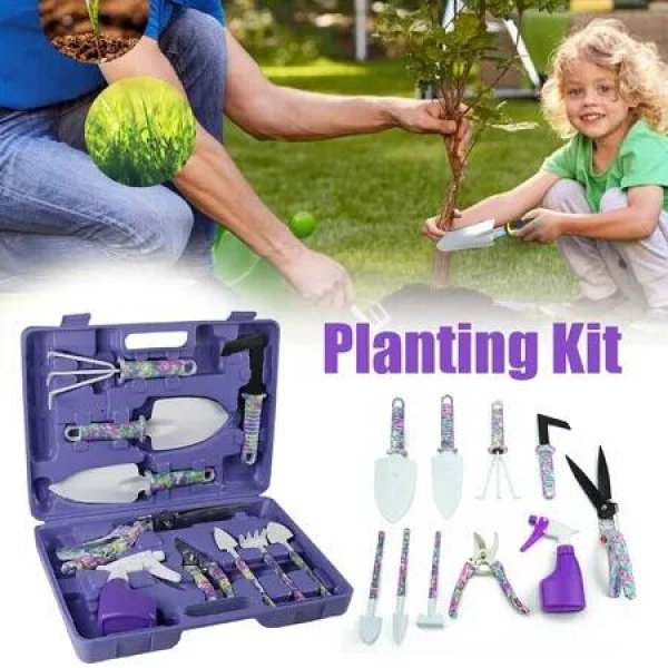10 Piece Garden Tools Set With Trowel Fork Secateurs Rake Spray Bottle Storage Case Gift For Gardener Plant Care Rust Resistant Color Purple