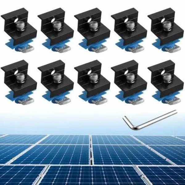 10 Piece Solar Panel End Clamp Kit 30mm 35mm Aluminium Mounting Brackets with Nuts and Bolts for Standard Unistrut Metal Tin Flat Sheet Roof Black