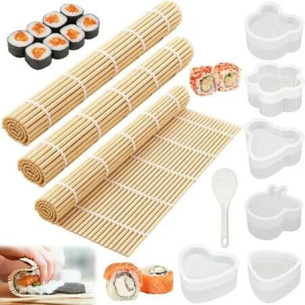 10 Piece Sushi Set Bamboo Mat 3 Molds 6 Rice Spoons Sushi Making Kit with Bamboo Mat DIY Japanese Food Gift