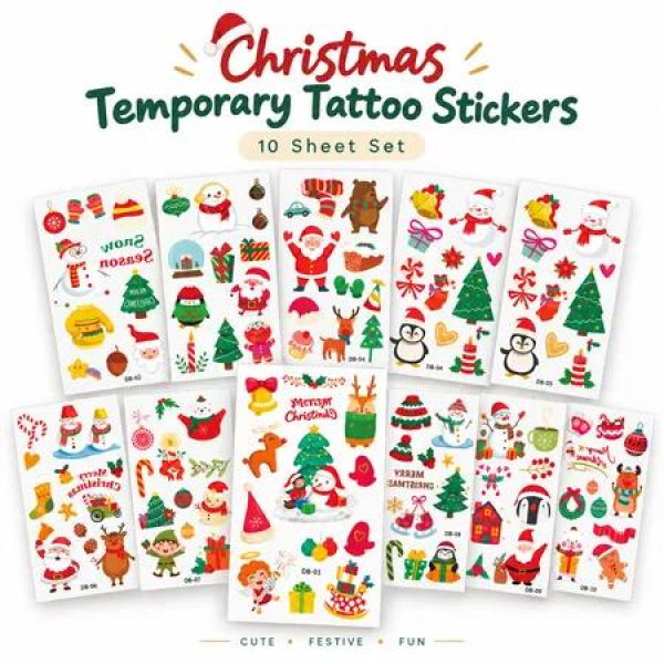 10 Sheets Christmas Temporary Tattoo Stickers Cartoon Santa Christmas Water Transfer Face Body Decals for Festive Party Decorations