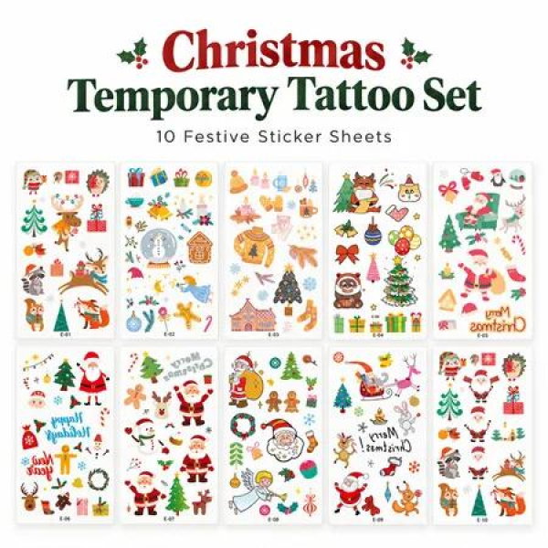 10 Sheets Christmas Temporary Tattoo Stickers Cartoon Santa Christmas Water Transfer Face Body Decals for Festive Party Decorations