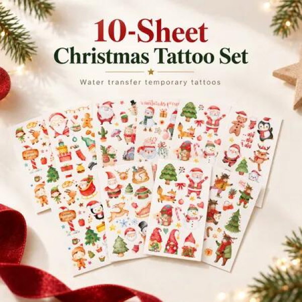 10 Sheets Christmas Temporary Tattoo Stickers Cartoon Santa Christmas Water Transfer Face Body Decals for Festive Party Decorations