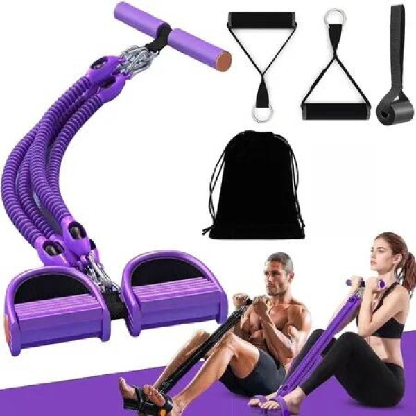 100 Lbs Resistance Band With Door Anchor,4-Tube Pedal Puller For Strength Training,Durable Elastic Exerciser For Home Gym & Yoga Color Purple