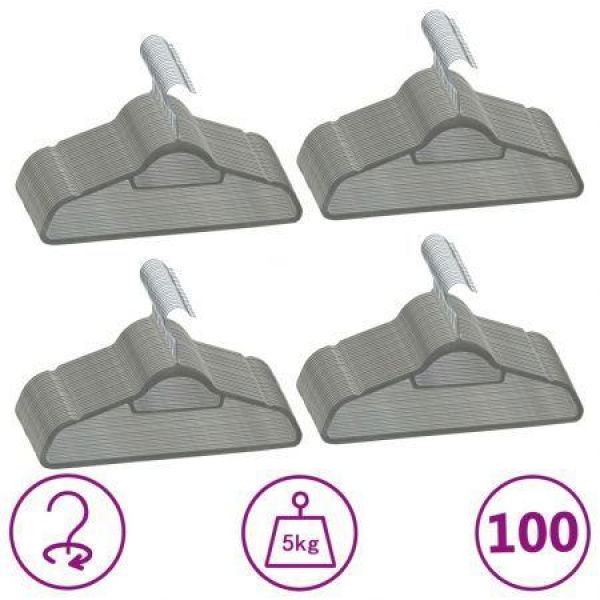 100 Pcs Clothes Hanger Set Anti-slip Grey Velvet