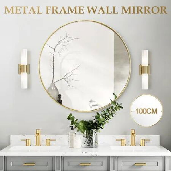 100cm Round Wall Mirror Bathroom Vanity Gold Bedroom Large Standing Mount Decorative Circle Hallway Makeup Shaving Shower