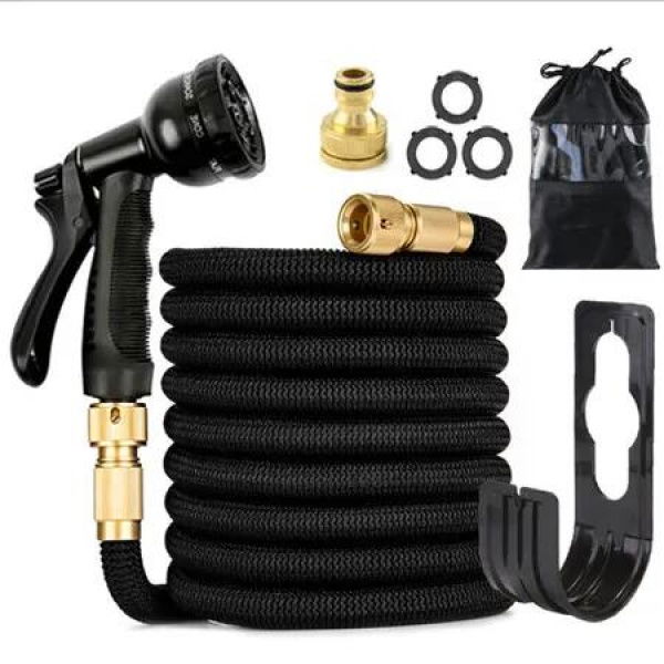 100FT Expandable Garden Hose with 8-Function Spray Gun Durable Retractable Flexible for Car Wash Gardening And More Compatible with Brass Connectors