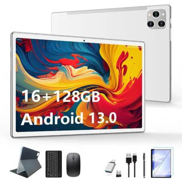 10.1 Inch Android 13 Tablets 128GB ROM+16GB RAM (8+8 Virtual),2 in 1 Tablet,Powerful Octa-Core+13MP Camera,1TB TF Expandable,FHD WiFi Tablet PC (Silver)