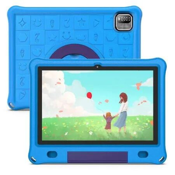 10.1 Inch Kids Tablet with 12GB RAM 64GB ROM Android 15 1280x800 IPS HD Touch Screen Parental Control Pre-Installed Apps Learning Tablet Case-Blue