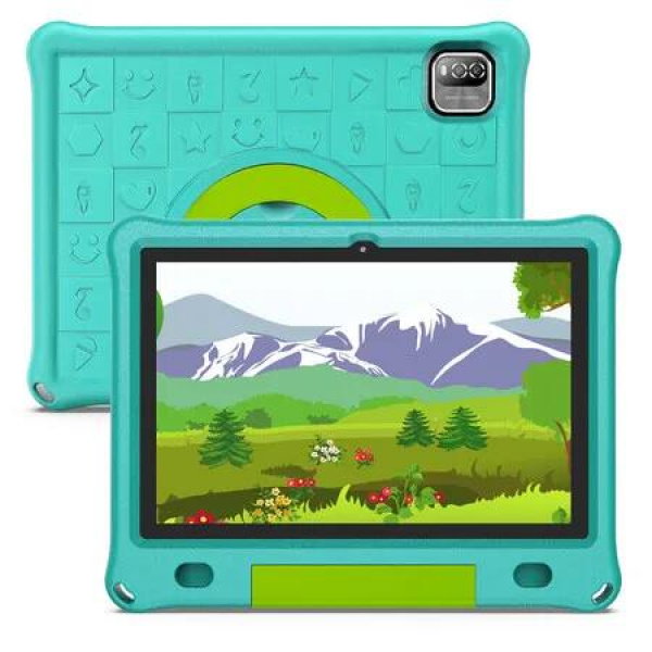 10.1 Inch Kids Tablet with 12GB RAM 64GB ROM Android 15 1280x800 IPS HD Touch Screen Parental Control Pre-Installed Apps Learning Tablet Case-Green