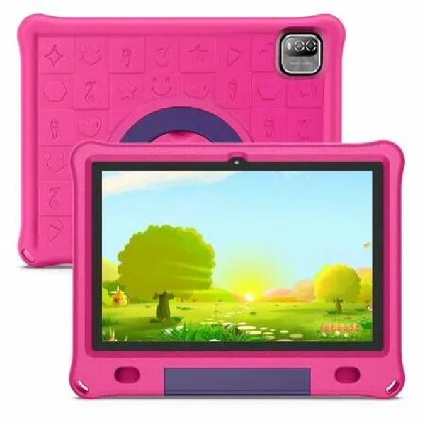 10.1 Inch Kids Tablet with 12GB RAM 64GB ROM Android 15 1280x800 IPS HD Touch Screen Parental Control Pre-Installed Apps Learning Tablet Case-Pink