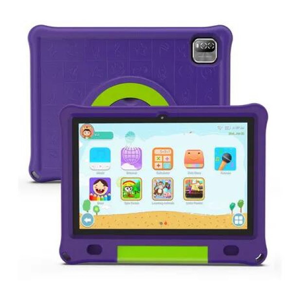 10.1 Inch Kids Tablet with 12GB RAM 64GB ROM Android 15 1280x800 IPS HD Touch Screen Parental Control Pre-Installed Apps Learning Tablet Case-Purple