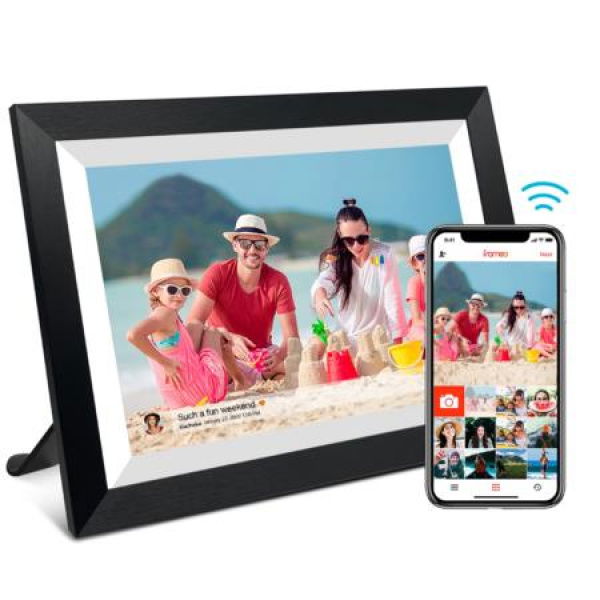 10.1 Inch Smart WiFi Digital Photo Frame 1280x800 IPS LCD Touch Screen,Auto-Rotate Portrait and Landscape,Built in 16GB Memory,Share Moments Instantly from Anywhere (Black Wooden Frame)
