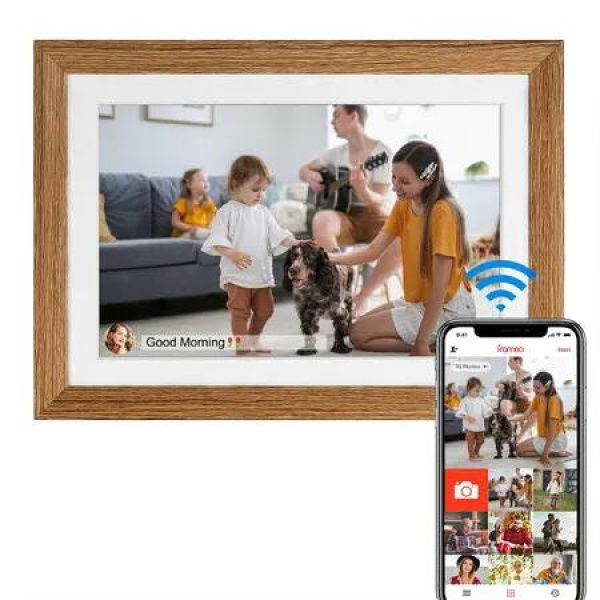 10.1 Inch Smart WiFi Digital Photo Frame 720P Touch Screen,Auto-Rotate Portrait and Landscape,Built in 32GB Memory,Share Moments Instantly from Anywhere (Wooden)