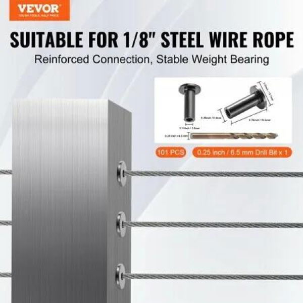 101 Pack T316 Stainless Steel Protector Sleeves for 3.2mm Wire Rope Cable Railing, DIY Balustrade T316 Marine Grade, Come with A Free Drill Bit, Black