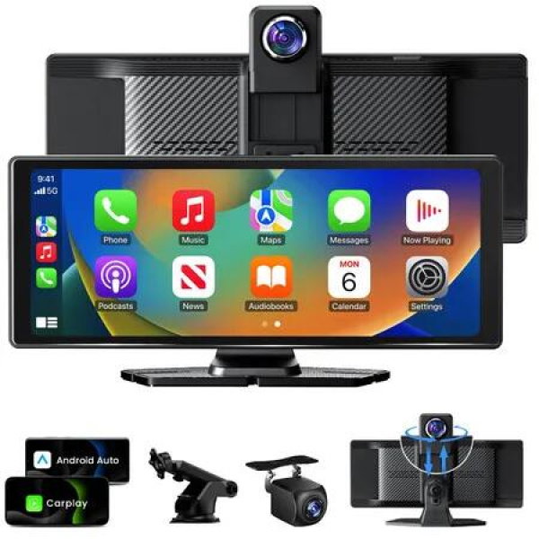 10.26In Wireless CarPlay 360 Degree Rotation 4K Dash Cam TouchScreen Carplay Android Auto Portable Car Stereo 1080P Backup Camera