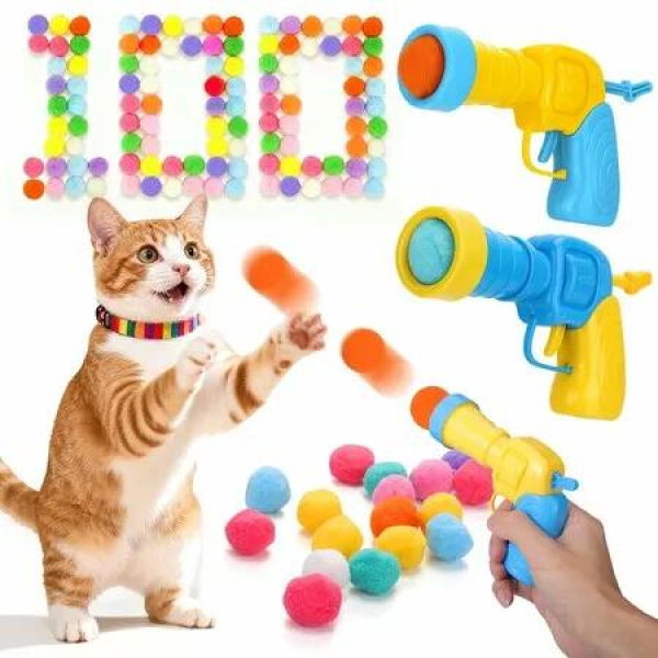 102PCS Cat Ball Launchers & Pom Pom Balls Interactive Cat Toy Set â€“ Safe Soft Plush Kitten Toys for Indoor Cats,Fun Kitten Toys for Endless Active Play