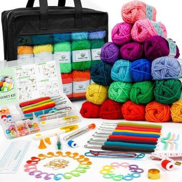 103 PCS Crochet Kit with Crochet Hooks Yarn Set, Premium Bundle Includes 1650 Yards Acrylic Yarn Skeins Balls Needles,Accessories,Bag