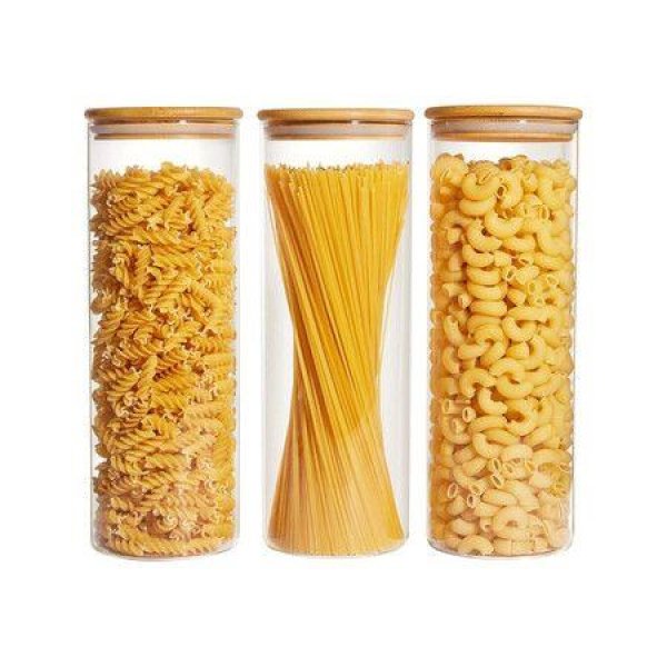 10*30 CM Glass Food Storage Jars, Set of 3 Large Food Containers with Airtight Bamboo Wood Lids for Pasta, Nuts, Flour, Storage Containers