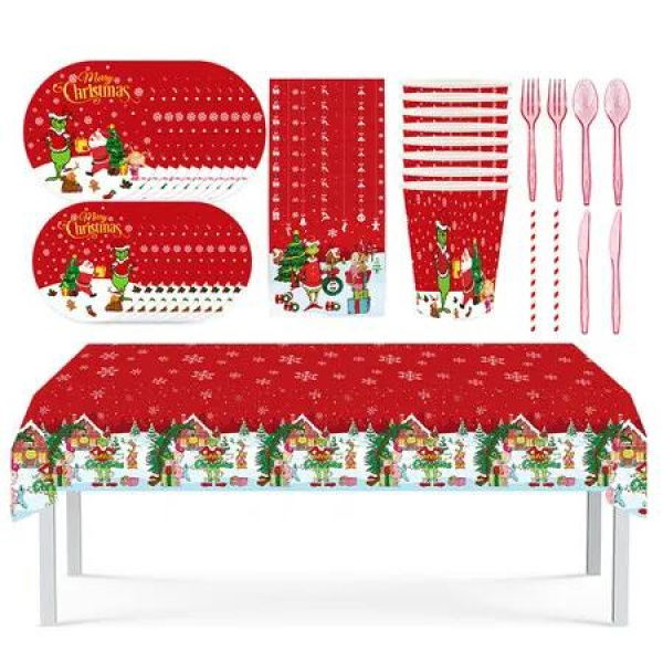 105 PCS Grinch Christmas Party Tableware Set Includes Tablecloth Plates Cups Napkins Utensils and Straws