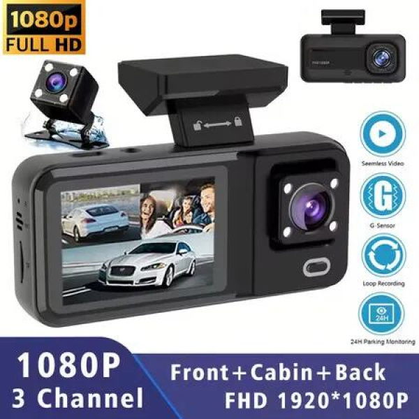 1080P Dash Camera for Car,3 Channel Dash Cam Front and Rear Inside G-Sensor,24Hr Parking 170 Degree Wide Angle Loop Recording IR Night Vision